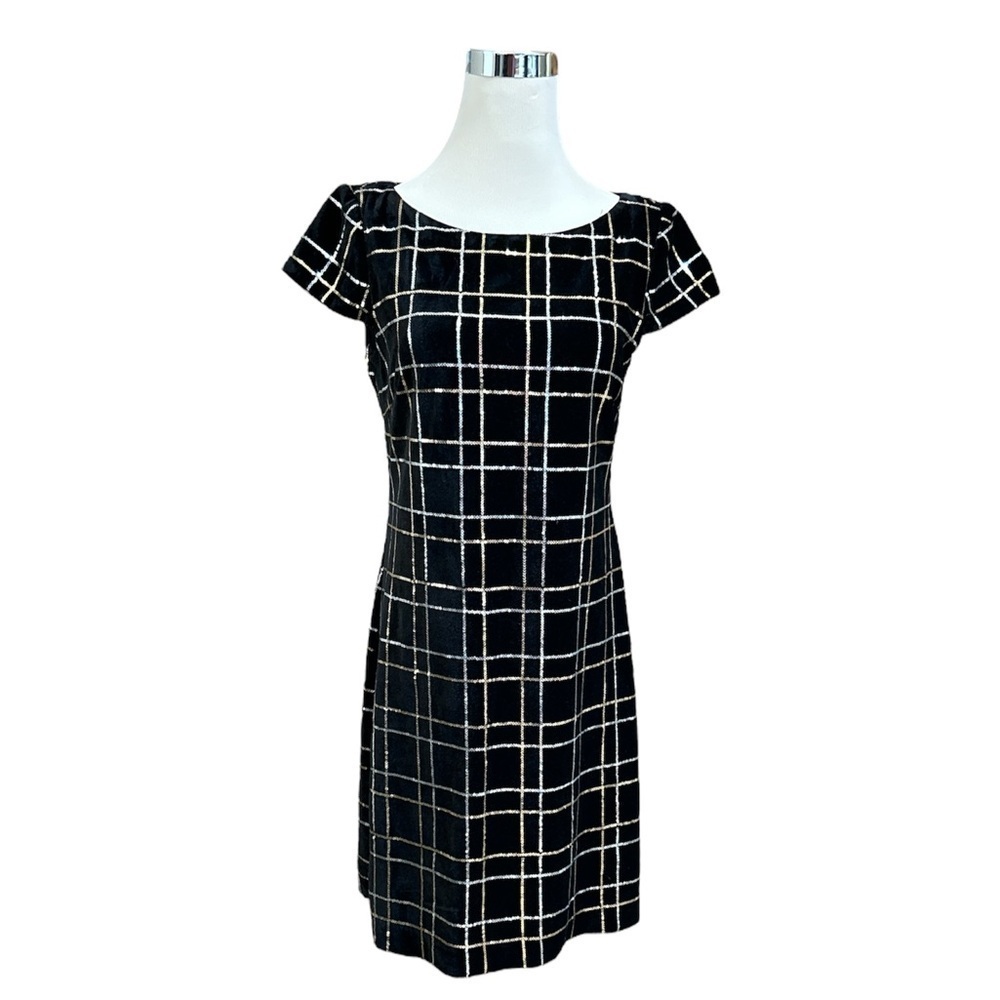 Vince Camuto Black Midi Dress Size 4 Black W/ Gold And Silver Sequins Plaid